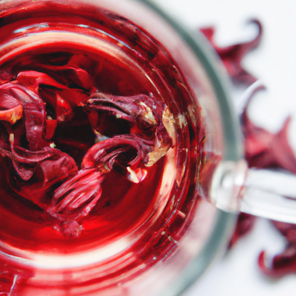 Indulge in the antioxidant-rich hibiscus and ginger tea with a beautiful garnish of dried hibiscus petals.