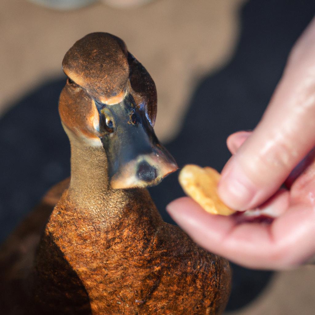 A duck owner introduces their pet to a new snack, ginger.