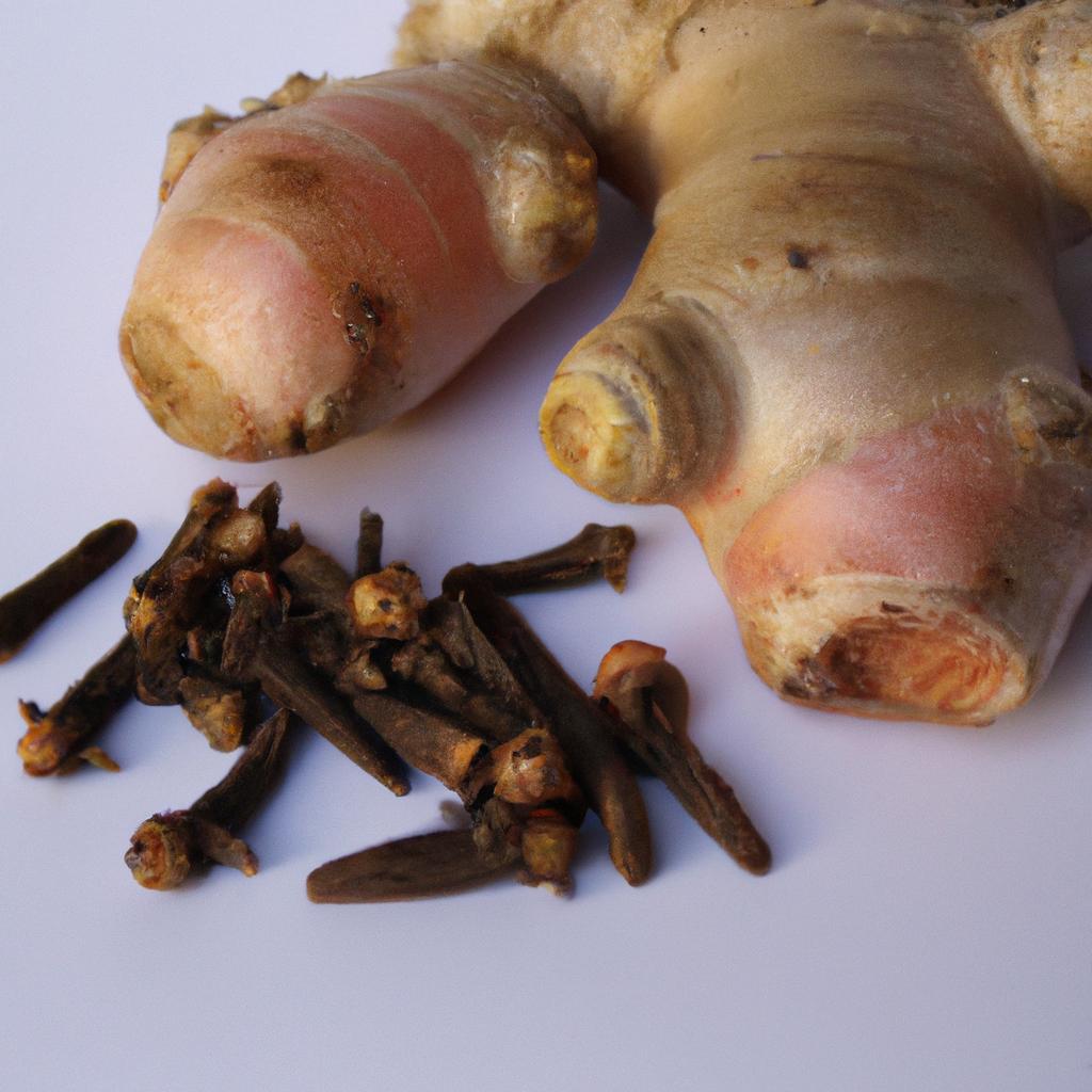 A macro shot of fresh ginger roots and whole cloves on a wooden cutting board.