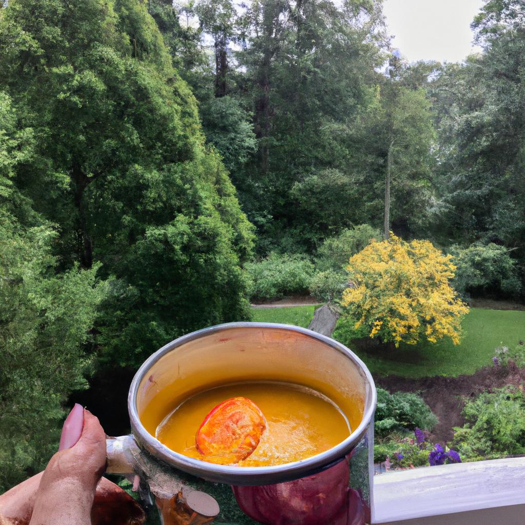 Savor the soothing taste of ginger peach turmeric tea while immersing in the beauty of nature.
