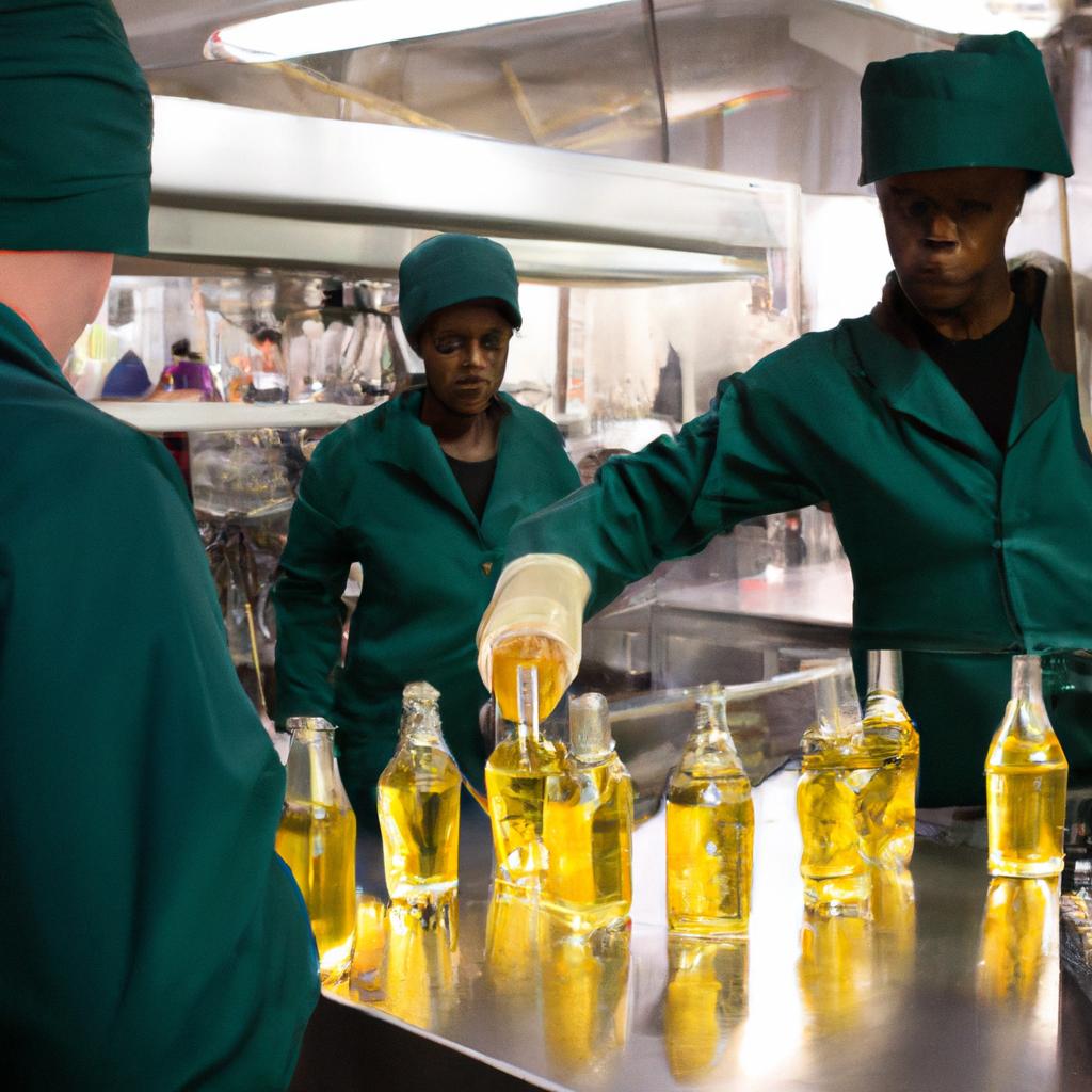 Dedicated workers in protective gear ensuring the quality of Seagram's Ginger Ale.