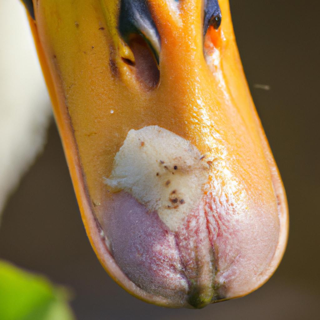A duck enjoys a ginger treat and shows off its messy beak.
