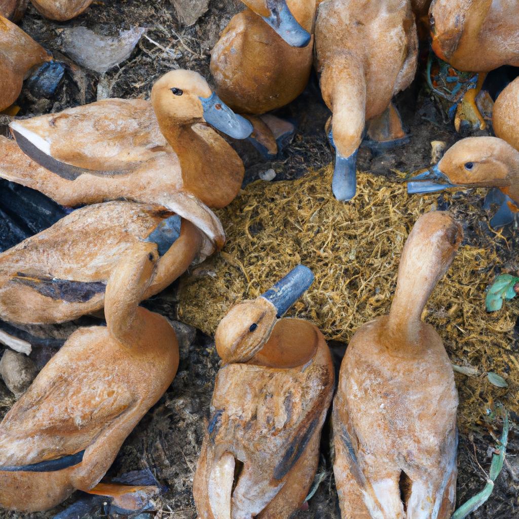 A group of ducks eagerly pecks at the pile of ginger on the ground.