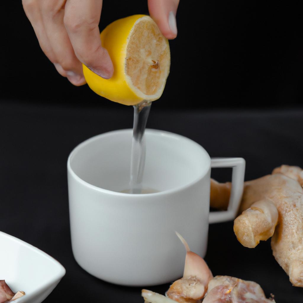 Preparing a warm cup of ginger garlic and lemon mixture