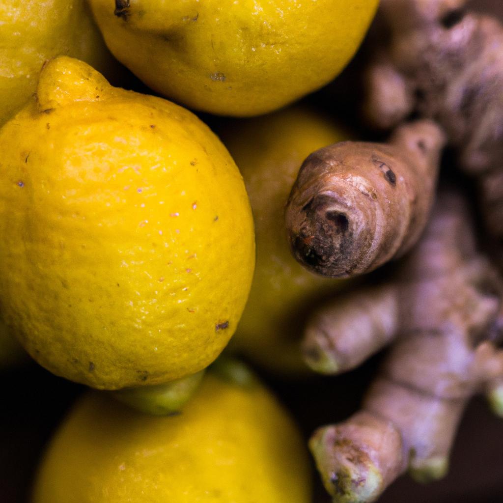Fresh ingredients for making lemon ginger turmeric shot with a range of health benefits