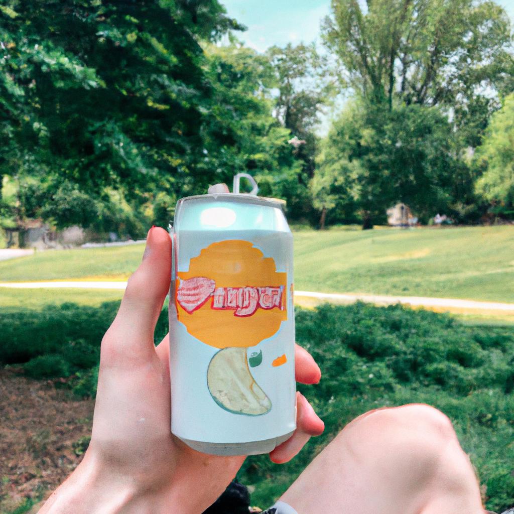 Enjoy a refreshing can of Schweppes White Peach Ginger Ale on a sunny day in the park.